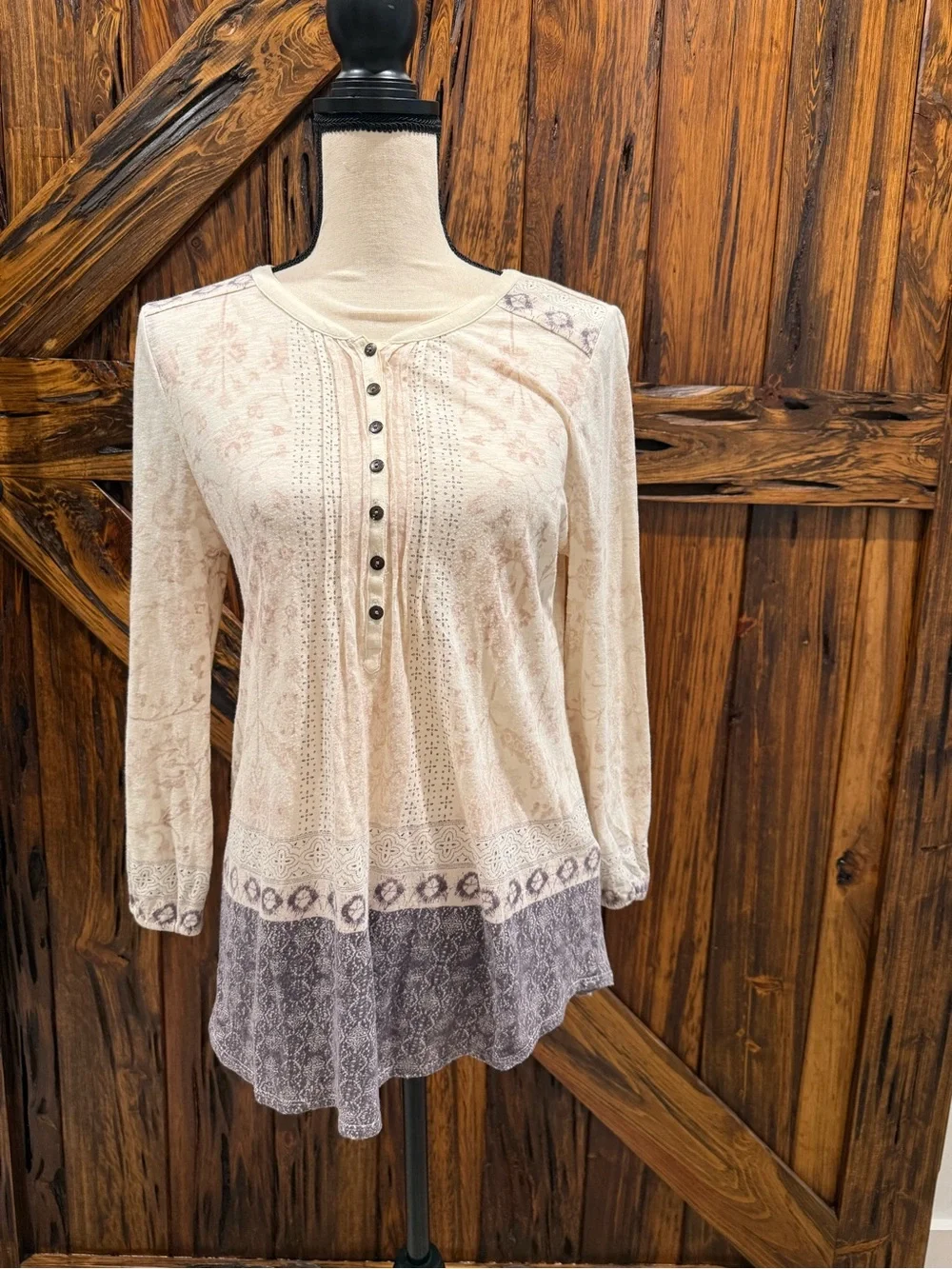 Lucky Brand Cream and Light Purple Long-Sleeve Henley Tunic